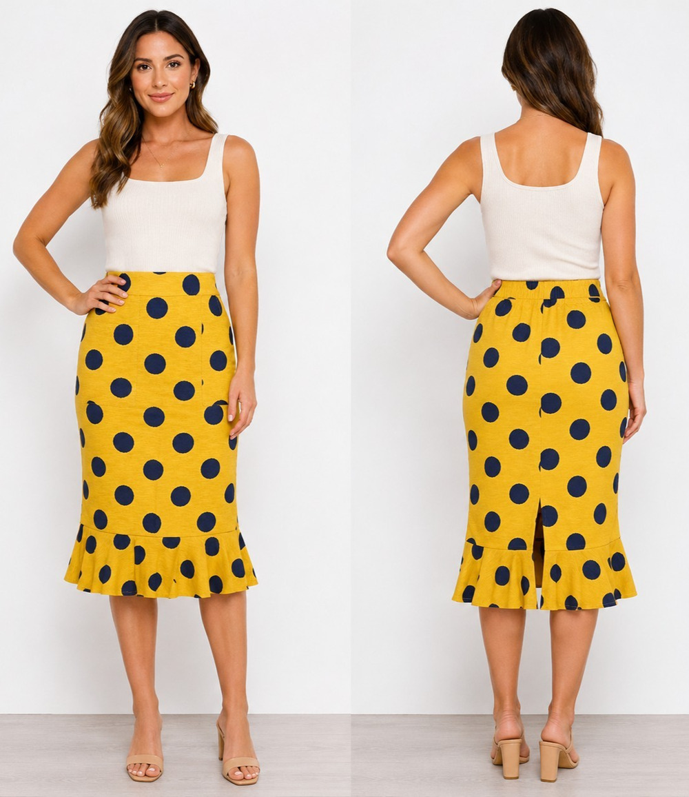 Tulip B One Size NWOT Mustard Navy Polka Dot Ruffle Hem Midi Skirt Pockets